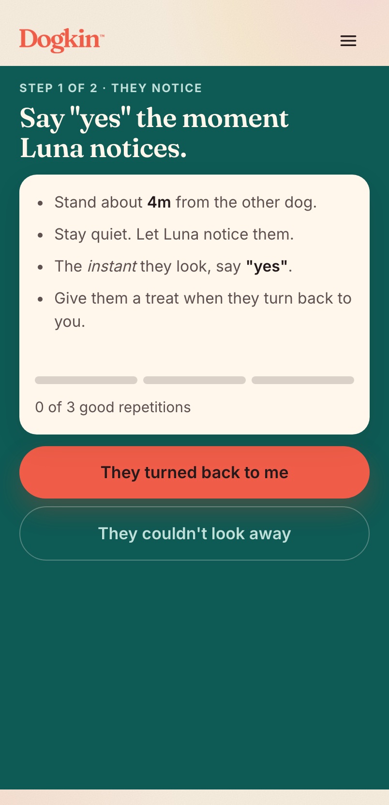 A real Dogkin session screen: clear numbered steps coaching Luna, with the repetition log below